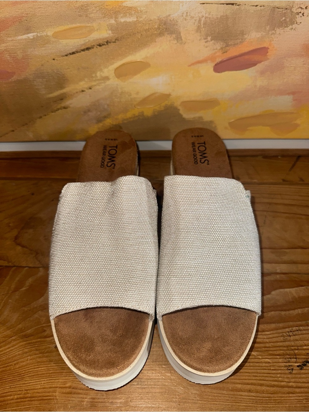 TOMS Cream Canvas Slide Sandals with Tan Suede Footbed